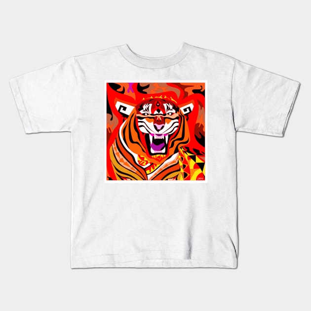 red crimson china tiger ecopop in bengal flames wallpaper Kids T-Shirt by jorge_lebeau